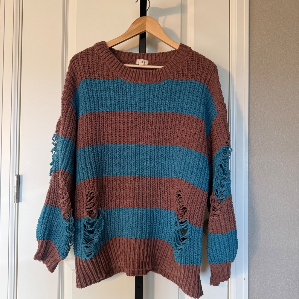 POL‎ Distressed Striped Oversized Chunky Knit Sweater Brown Teal Womens S